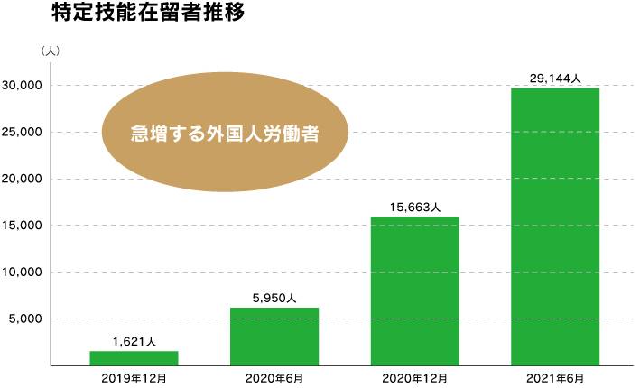 急増する外国人労働者。+2019年から日本で働く特定技能在留社推移の数が右肩上がりに増えていることを表したグラフ。2019年12月では1,621人だった数が2021年6月には29,144人に増加している
